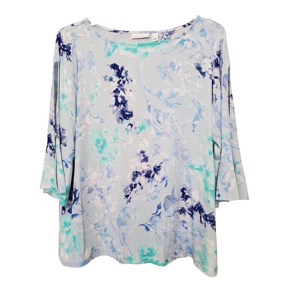 Susan Graver Watercolor Printed LiquidKnit Boat Neck Slit-Bell Sleeve Blouse XL